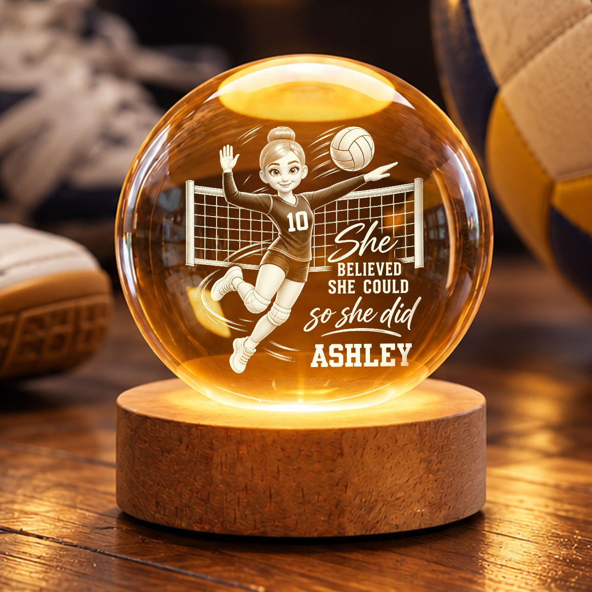 Proud Volleyball Player She Believed She Could So She Did - Personalized Crystal Ball LED Night Light