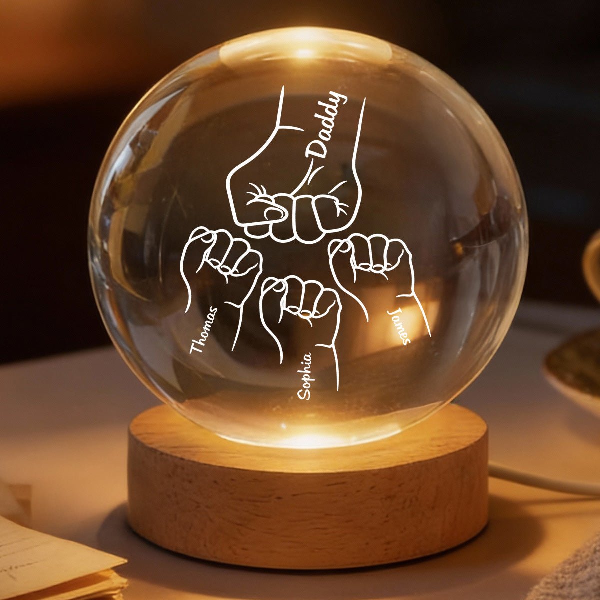 Dad Grandpa Fist Bump Custom Kids Names - Personalized Crystal Ball LED Night Light